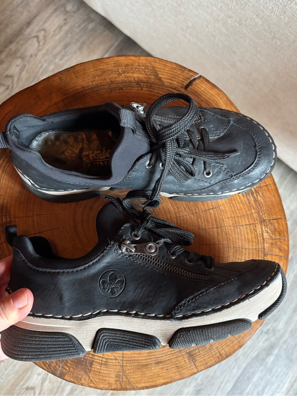 Rieker / Black Lace-Up Casual Sneakers with Cream Platform